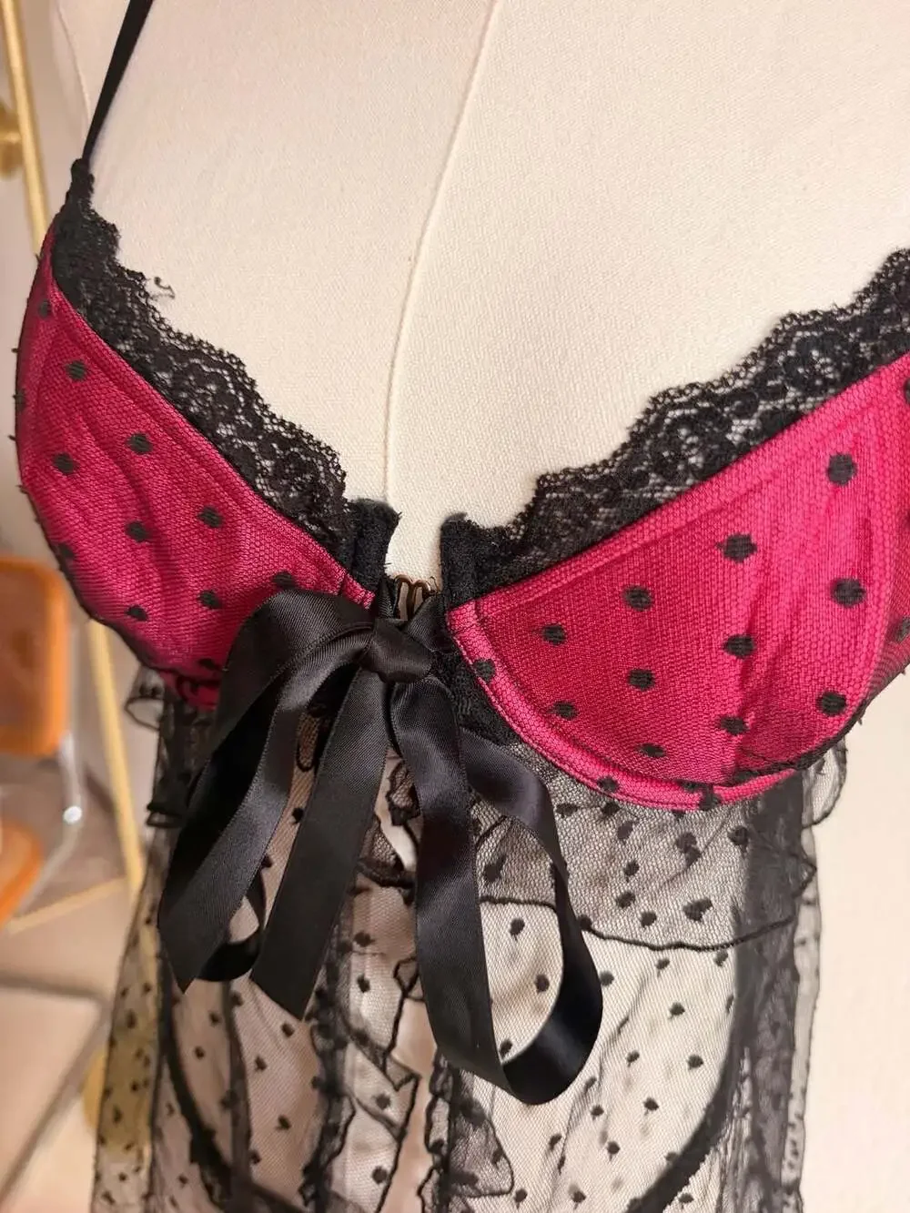 Victoria's Secret Polka Dot Mesh Babydoll Lingerie Set with Matching Thong, Size